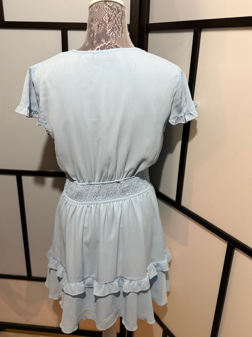 Light Blue Tie-Front Mini Dress with Smocked Waist - Picture 4 of 6